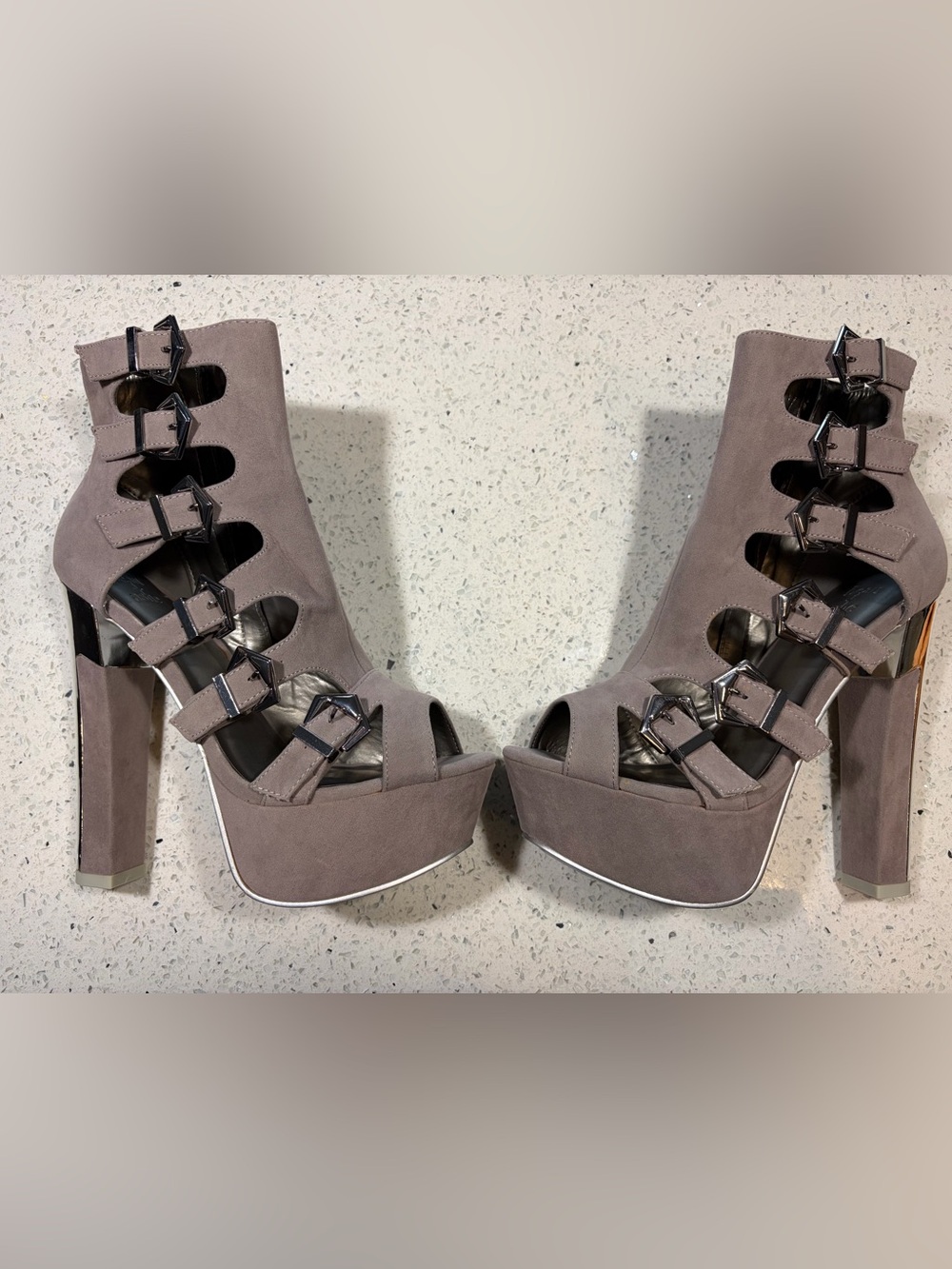 Taupe Suede High Heel Platform Sandal Booties